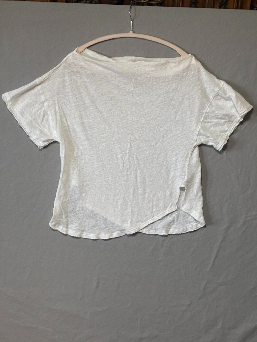 FREE PEOPLE Size Med Boat Neck Ivory Linen Blend Raw Dbl Hem Short Slv Shirt Top